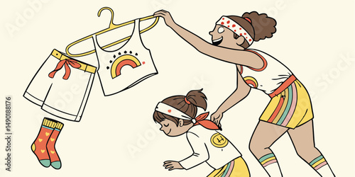 Cartoon illustration of two children choosing colorful rainbow outfits and sportswear