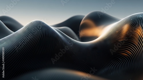 Abstract design of undulating, dark terrain with golden highlights.