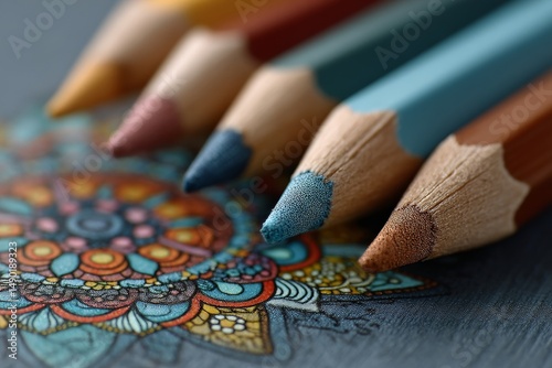 Mindfulness coloring book with intricate designs and colored pencils.