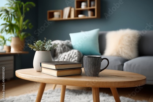 Minimalist living room with open journal on coffee table.