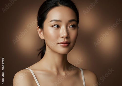 Asian woman in top looks away, spotlight background. Stock image for beauty ad