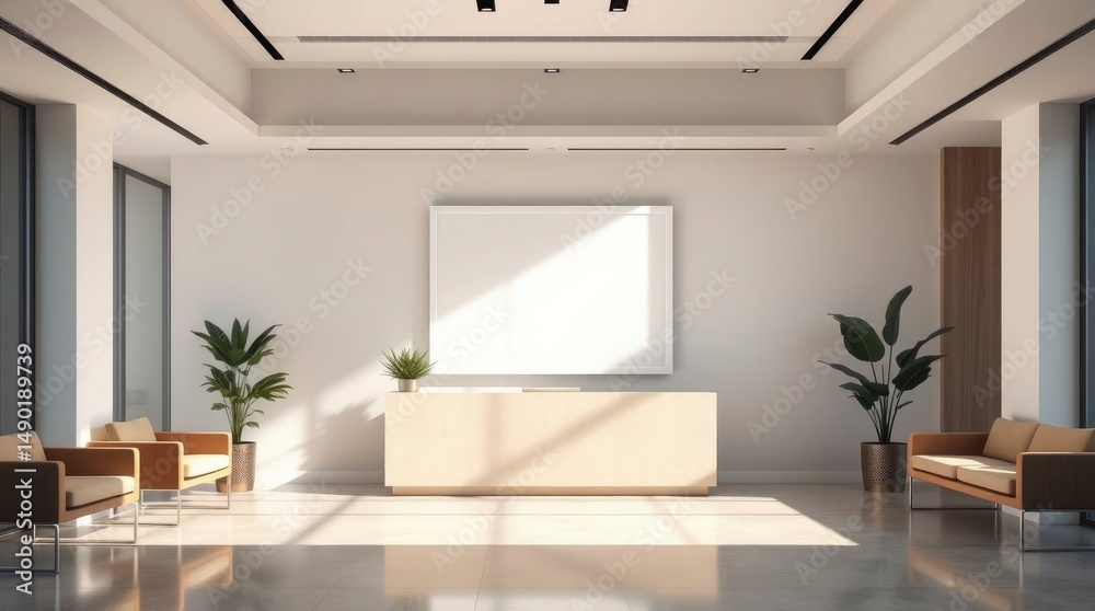 Fototapeta premium Bright contemporary waiting area showcases minimalist design, natural light, and serene ambiance.