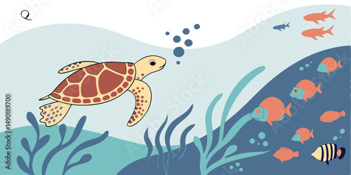 Cute underwater scene featuring sea turtle and various coral reef fishes in ocean