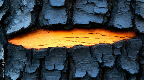 Striking contrast: Texture of aged bark revealing an inner layer with golden light