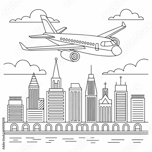 Airplane soaring above city skyline with clouds in a black and white line art style.