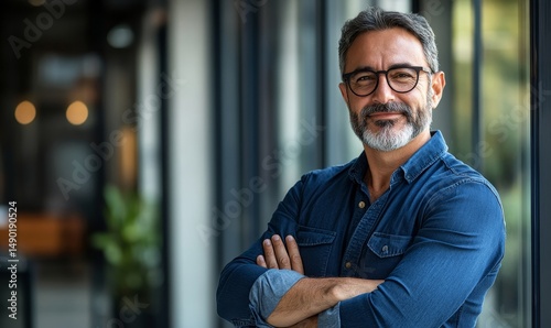 Happy mid aged older professional business man, mature latin executive manager, 50 years old investor standing in office arms crossed leaning at glass