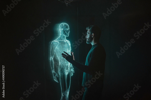 Man Engaging in Conversation with His Own Hologram in a Bright, Realistic Setting. Generated image photo