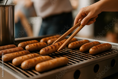 grilling sausages on a barbecue grill with wooden tongs photo