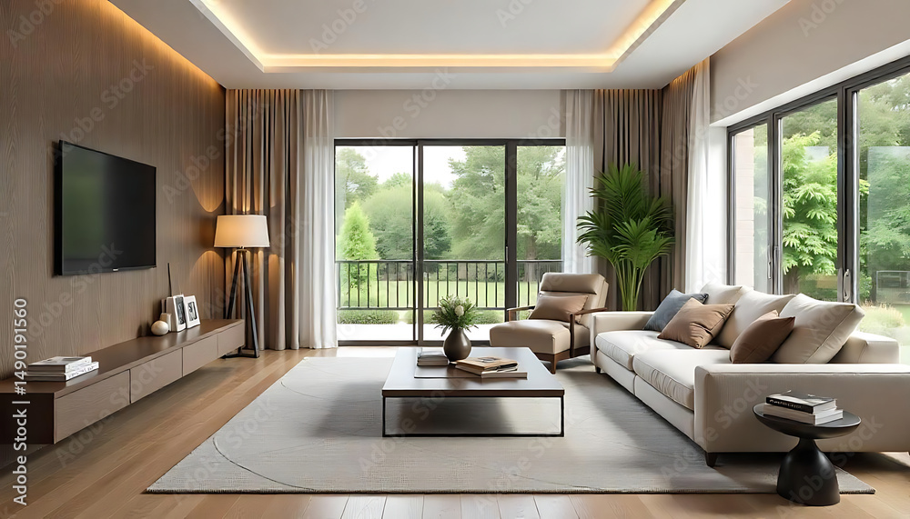 Fototapeta premium A beautifully designed modern living room features a large sofa, a TV, and great natural light.