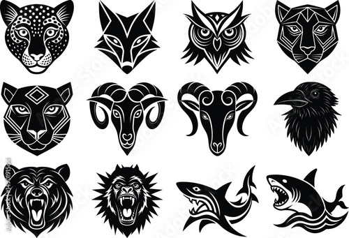 Tribal Animal Face Silhouette Vector Bundle – Lion, Tiger, Eagle, Dragon and More