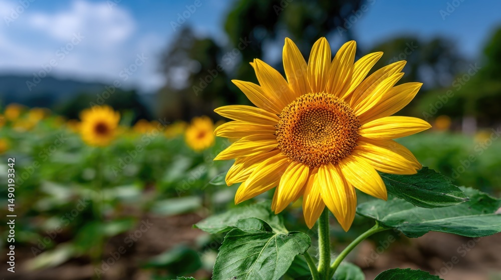 Obraz premium A vibrant close-up of a fully bloomed sunflower, its golden yellow petals radiating outward from a rich textured brown center