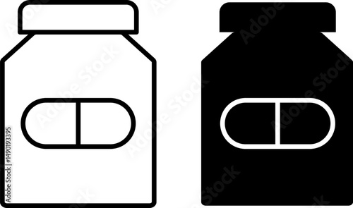 medicine bottle icon. Pharmaceutical dosage sign. minerals pill jar. prescription label. drug pills container. symbolizing medication adherence