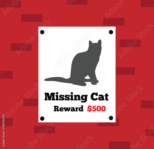 Poster of a Missing Cat on the Wall Flat Style. Pet got lost and owner is looking for it vector art