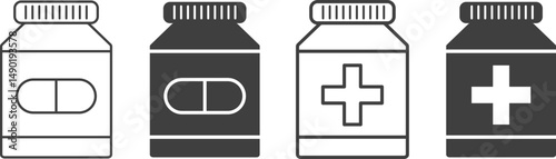 Pill bottle icon set. Health supplements. vitamin pills. packaging for healthcare. medical and pharmaceutical element
