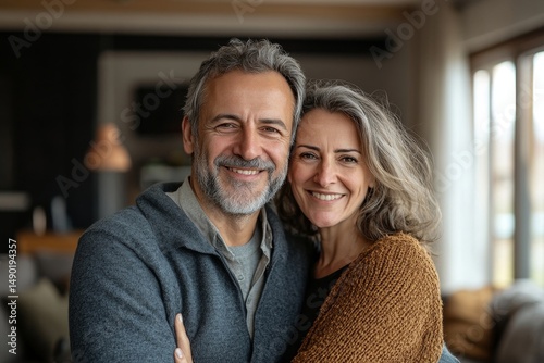 Happy smiling middle aged romantic affectionate couple mature older man and woman hugging standing at home together looking at camera enjoying bonding