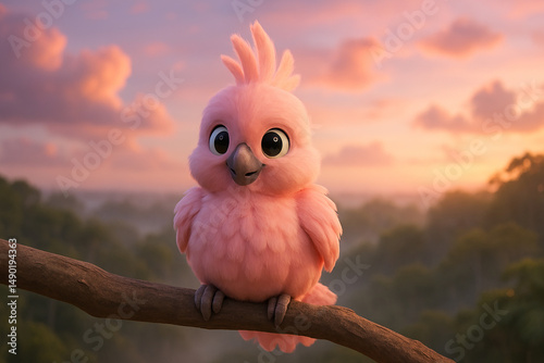 Photorealistic Pink Cartoon Baby Cockatoo on Tree Branch at Sunset – Magical Tropical Scene