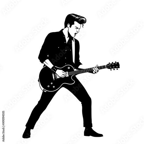 A black and white illustration of a man playing an electric guitar with passion and energy on stage