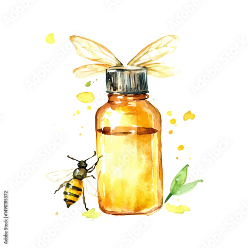 Natural Insect Repellent Bottle, watercolor illustration vector, high quality, isolated on a white background.