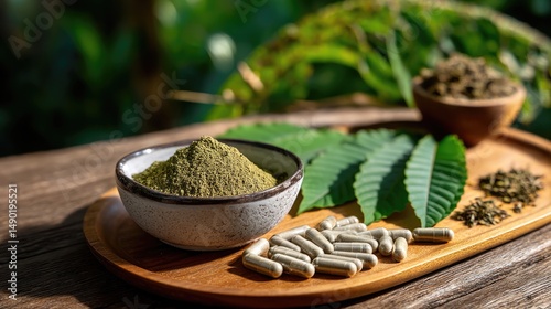 A  close-up of kratom products displayed on a rustic wooden surface: finely ground green kratom powder in a small ceramic bowl