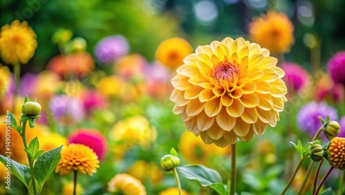 Dalia flower blooming in a vibrant yellow garden amidst lush green foliage and colorful flowers, nature, flowers,  nature,flowers