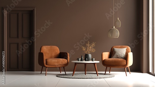 Modern interior design background with a brown wall mockup, two armchairs, and a coffee table on a light-colored floor in a minimalistic home decor style .