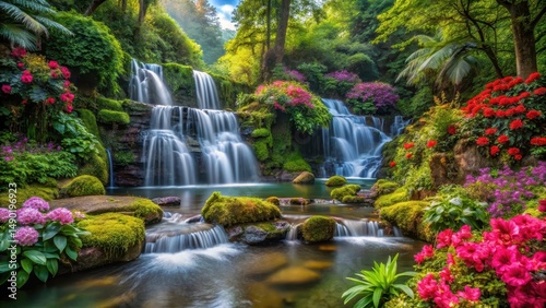 waterfall in forest with colorful flowers and greenery, peaceful, lush vegetation,  peaceful, lush vegetation