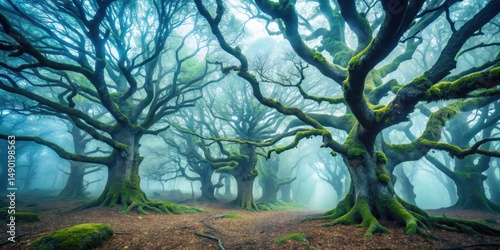 Dense fog envelops ancient trees in a mystical winter forest