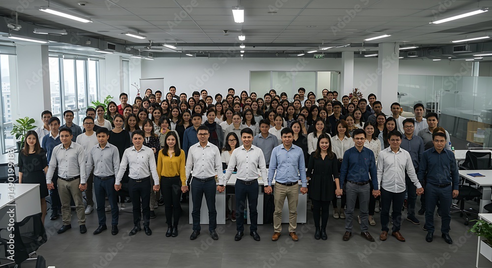 Fototapeta premium Diverse Business Team Posing Together in Modern Open-Plan Office for Corporate Headshot and Company Culture Representation