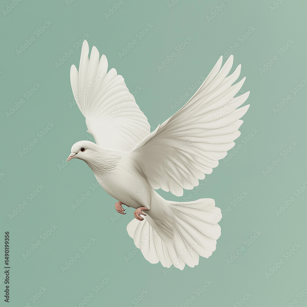 Fototapeta premium realistic illustration of a white dove in flight, set against a soft, muted green background. 
