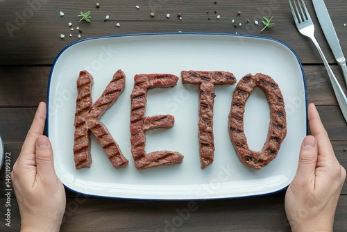 hand put plate on table with grilled meat arranged in keto word photo