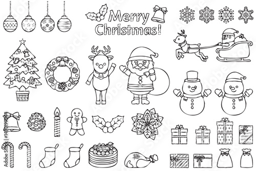 かわいいクリスマスの線画イラスト素材セット