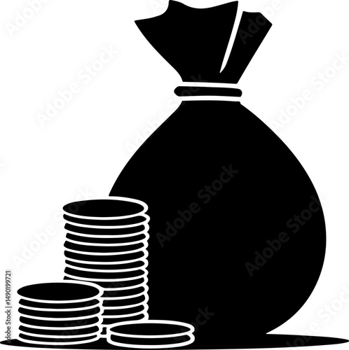 Money Bag & Coin Stacks Silhouette
