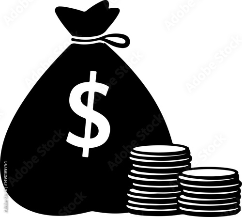 Money Bag & Coin Stacks Silhouette