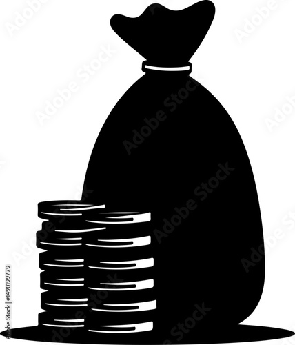 Money Bag & Coin Stacks Silhouette