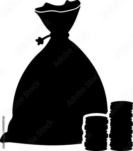 Money Bag & Coin Stacks Silhouette