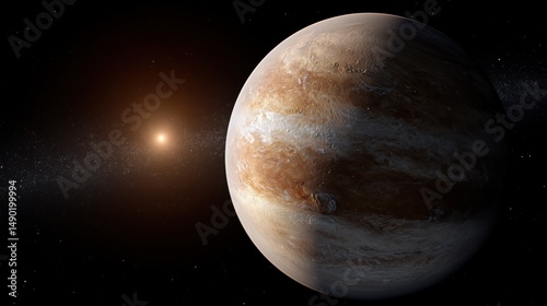 Planet k2-18b orbiting its star, a realistic illustration of the exoplanet with a red dwarf in the background