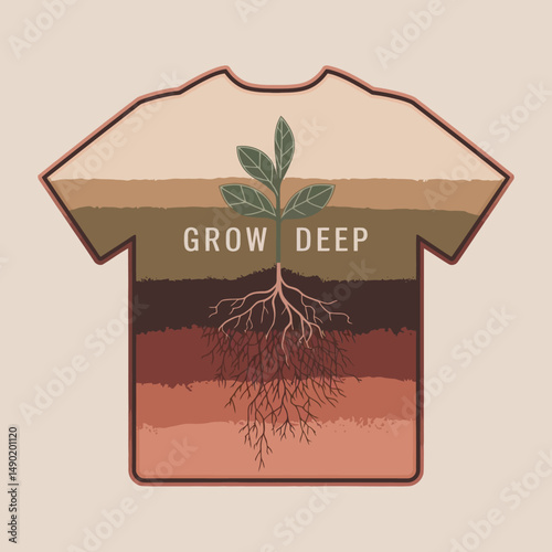 Inspirational Plant Growth TShirt Design Roots Deep Brown Beige Tones Minimalist Style Botanical Illustration Nature Theme Organic Apparel Fashion Graphic Print Sustainable Earth Day Growing Deeply   