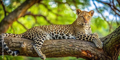 A majestic leopard reclines comfortably in a shady tree branch within Tarangire National Park's lush forest surroundings, resting animal, africa wildlife