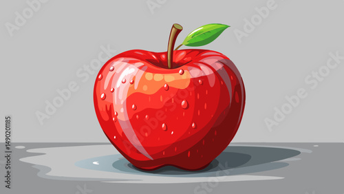 Fresh red apple with water droplets on its surface, placed on a white wooden table with a light grey background. Ideal for food photography, healthy eating, and refreshing fruit 