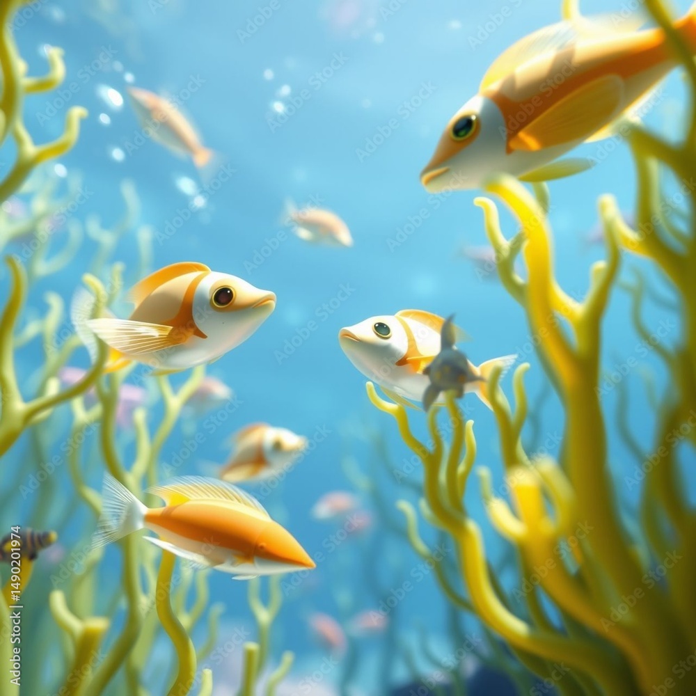 Naklejka premium Underwater scene with small colorful fish swimming around yellow seaweed blue