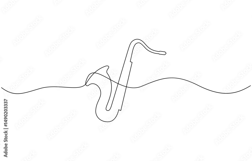 Obraz premium Continuous line drawing of saxophone vector illustration, One Continuous line drawing musical instrument saxophone on white background. One line Saxophone, Music jazz instrument in minimal style.