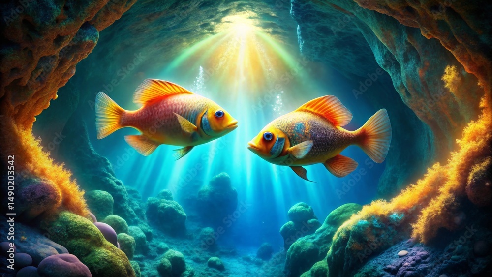 Fototapeta premium Enchanted Underwater Grotto Two Vibrant Fish Gaze at Each Other in a Sunlit Cave, Surrounded by Lush Coral Reef