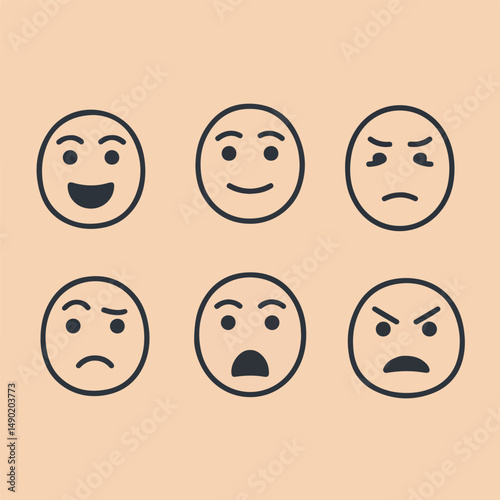 Faces with different emotions – happy, sad, surprised, angry – simple line art coloring book