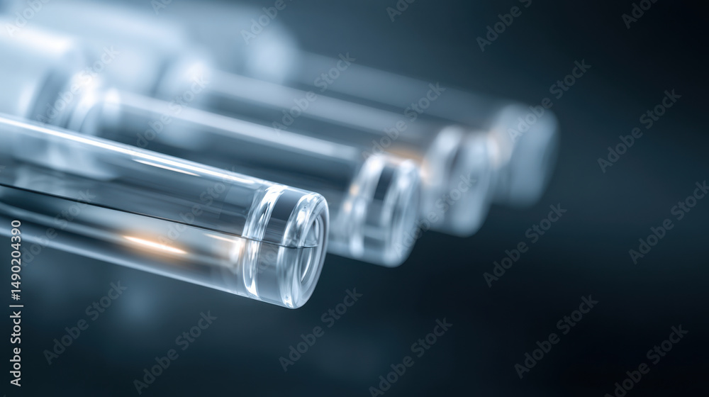 Close up of transparent vaccine vials lying dark surface medical research concept clinical Close up of transparent vaccine vials lying dark surface medical research concept clinical