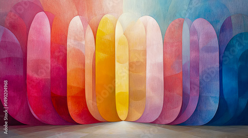 Abstract color spectrum: A rainbow of arches forming a semicircular tunnel