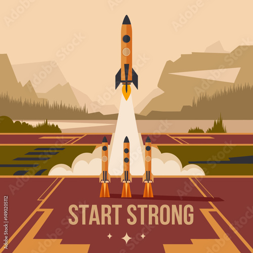 Powerful Rocket Launch Start Strong Business Concept Success Innovation Technology Progress Modern Design Graphic Vector Illustration Flat Style Orange Rockets Motivational Poster Entrepreneurial     