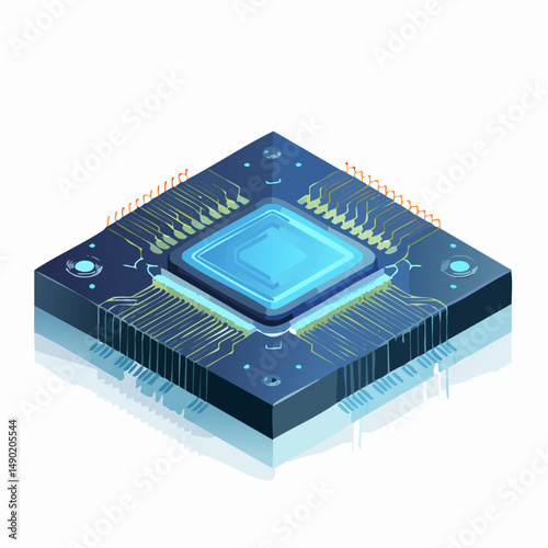 A detailed illustration of a modern microchip, showcasing its intricate design and technological advancements. The chip's complex circuitry and central processor are highlighted