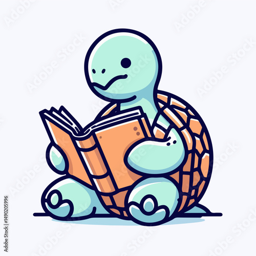 Bookish Turtle: A charming illustration captures a scholarly turtle engrossed in a book, its shell a beautiful design, inviting a sense of intellectual curiosity and lifelong learning.