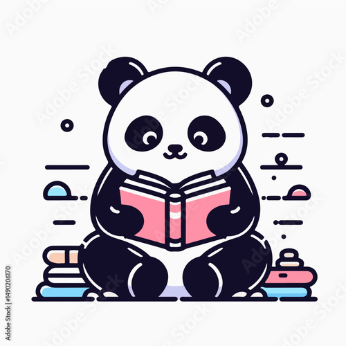 Panda Reading Book: A cute panda bear sits on a pile of books with a peaceful expression and reads a book, enjoying a moment of calm contemplation and intellectual exploration.