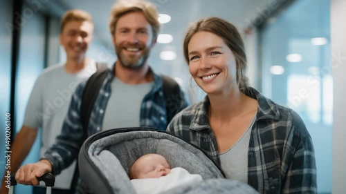 New parents leaving the hospital with their newborn in a car seat